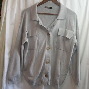 SUPRELOOK Ribbed Light Gray Crew Cardigan Pockets Button Medium Coastal Scandi